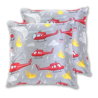 Imagem de Joitme Helicópteros de desenho vermelho cinza fogo conjunto de 2 capas de almofada de sofá de cama padrão de capas de almofadas decorativas, 45 x 45 cm, 2 peças