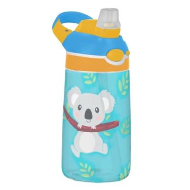 Imagem de Garrafa de água de 473 ml, reutilizável, 473 ml, garrafa de água de plástico Tritan com canudo à prova de vazamento, alça de transporte, lindas folhas azuis de coalas de desenho animado