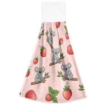 Imagem de Toalhas de mão fofas coalas morangos rosa primavera com laço para pendurar conjunto de 2 toalhas de gravata de forno ultra absorventes, toalha de cozinha decorativa 18,2 x 14 polegadas