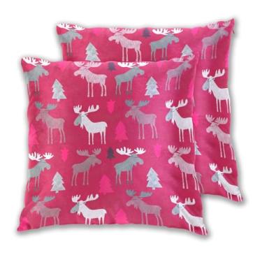 Imagem de Joitme Conjunto de 2 capas de almofada de alce de Natal com árvores vermelhas, conjunto de 2 fronhas grandes para sofá, decoração de casa, sala de estar, 50 x 50 cm, 2 peças