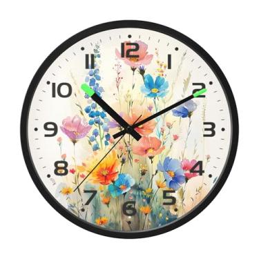 Imagem de SEHANY Herb Wildflower Relógio de parede silencioso sem tique-taque relógio redondo operado por bateria 30 cm controle de som luz noturna relógios de parede para sala de estar, cozinha, quarto