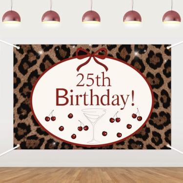Imagem de Pano de fundo de 25º aniversário com estampa de leopardo para martini, faixa de tecido com decoração de cereja e coquetel para mulheres, meninas, festa de aniversário, fundo fotográfico