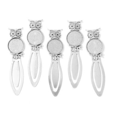 Imagem de 5 marcadores de página de liga de estilo tibetano, configurações de cabochão de coruja vintage de prata antiga, bandeja redonda plana, pingentes para fazer joias para artesanato, presentes de leitura