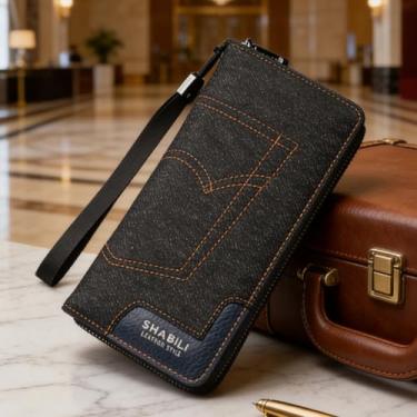 Imagem de Carteira masculina, carteira longa moderna de lona com zíper único, organizador multifuncional com vários compartimentos para cartão, bloqueio RFID e grande capacidade (preto)