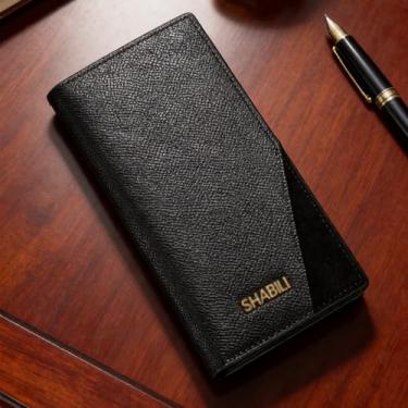 Imagem de Carteira masculina, moderna, retrô, longa, de couro, com abertura superior, organizador casual e executivo com vários compartimentos para cartões de crédito (preto)