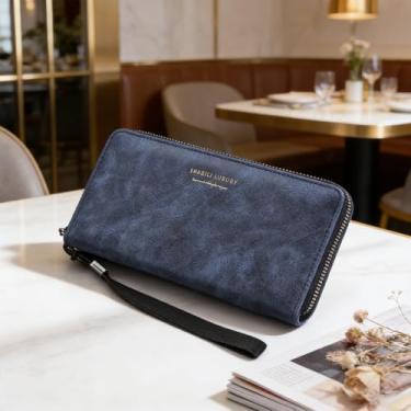 Imagem de Carteira masculina confortável de couro sintético de grão fosco com alça multicompartimento, azul retrô, design multicompartimento, com alça, couro sintético de grão fosco, confortável