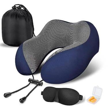 Imagem de Travesseiro de Viagem 100 Espuma Memória Pura para Pescoço Capa Confortável e Respirável Lavável à Máquina Kit Avião com Olhos Contorneados 3D Plugues