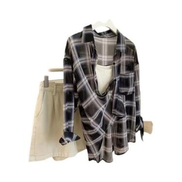 Imagem de Camisa Feminina Leve De Manga Longa Com Estampa Xadrez Vermelha E Pret