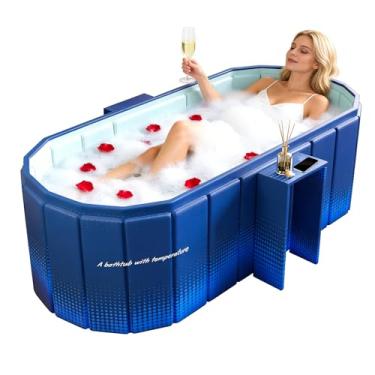 Imagem de HLCZLUZ Banheira dobrável portátil, banheira independente sem instalação, banheira de imersão de spa de banheiro, box de chuveiro dobrável quente e banheira de gelo (azul com rack de armazenamento