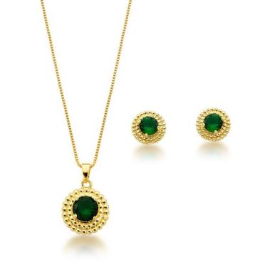 Imagem de Conjunto Colar e Brincos Redondo Verde Escuro Banhado a Ouro 18k - Atr