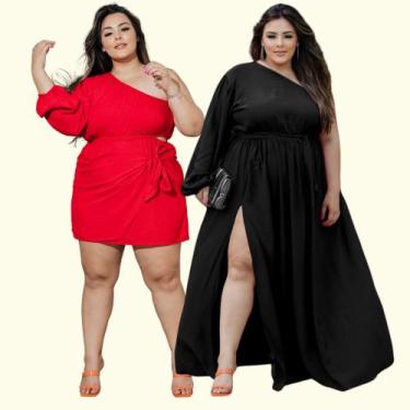 Imagem de Kit Plus Size Vestido Longo + Vestido Curto Ombro Só Midi Cropped - Sn