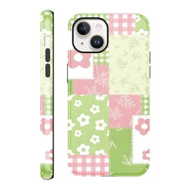 Imagem de FBHGLOA Capa de telefone para iPhone 13/iPhone 14 de 6,1 polegadas, colagem xadrez feminina, linda, rosa, verde, guingão, floral, para mulheres, meninas, camada dupla + capa protetora de silicone à