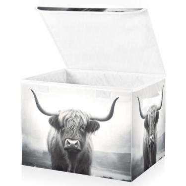 Imagem de Blueangle Cestos de armazenamento engraçados de vaca escocesa Highland com tampas, 42 x 32 x 30 cm, cesta organizadora grande dobrável para decoração de escritório e armário (456)