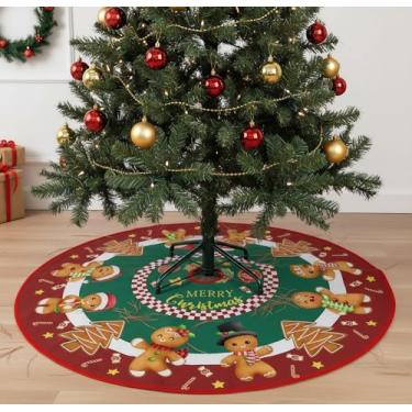 Imagem de Saia de árvore de Natal com linda estampa de pão de gengibre, tapete de árvore vermelha de 88 cm para decoração de férias, inverno, Natal, ambientes internos e externos