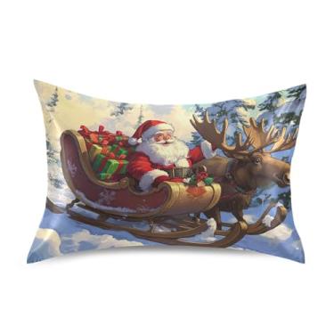 Imagem de Blueangle Fronha de cetim de rena de Papai Noel para cabelo e pele, fronha de seda, tamanho Queen (50,8 x 76,2 cm) - Capas de almofada de cetim refrescantes com fecho de envelope (831)