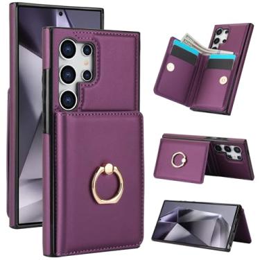 Imagem de Capa carteira para Samsung Galaxy S25 Ultra de 6,7 polegadas com suporte para cartão, bloqueio RFID, suporte de anel giratório de 360° com fecho magnético à prova de choque (roxo escuro)