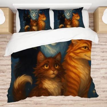 Imagem de Allenjoy Conjunto de edredom Queen Size fantasia gatos guerreiros estrelados para decoração de quarto com 2 fronhas