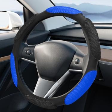 Imagem de Wuyaoyao Capa de volante de carro, capa de volante antiderrapante de couro PU de 38 cm com almofada de mão macia, respirável e confortável, acessórios interiores universais para carro (preto + azul)