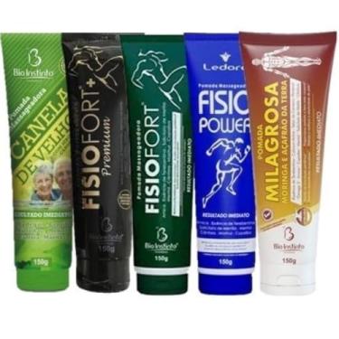 Imagem de Kit 5 Pomada Massageadora FisioFort, Premium, Milagrosa, Canela de Velho e FisioPower Bio Instinto