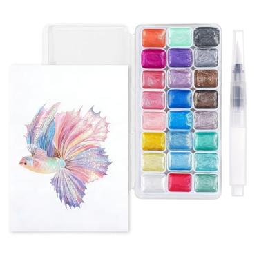 Imagem de Prudiut Mini conjunto de tintas metálicas para aquarela, 24 cores com glitter e papel aquarela, pincéis, ideal para adultos e crianças iniciantes artistas