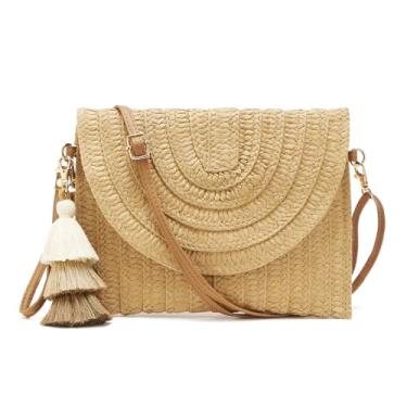 Imagem de WEIMZC Bolsa de palha pequena para mulheres bolsas de verão bolsa envelope de tecido de praia bolsa de ombro ráfia, bolsa transversal de palha boho, Marrom semicírculo
