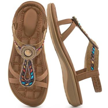 Imagem de Ecetana Sandálias femininas elegantes de verão confortáveis sem cadarço boêmia sandálias rasteiras sapatos de praia para caminhadas, Marrom, 34