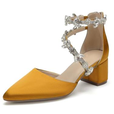Imagem de Hyinlays Sandálias femininas fechadas de salto fino salto bloco cetim cristal casamento salto baixo grosso noiva formatura salto alto sandálias, Laranja, 37
