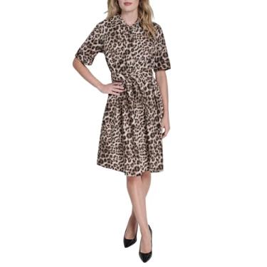 Imagem de DKNY Vestido feminino de popeline de algodão com gola e manga 3/4, cappuccino multi, 14