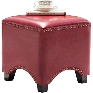 Imagem de Espreguiçadeira quadrada de madeira feita à mão para mesa de café e maquiagem com cera de óleo artificial, capa de couro azul para decoração de casa - banquinho para pés