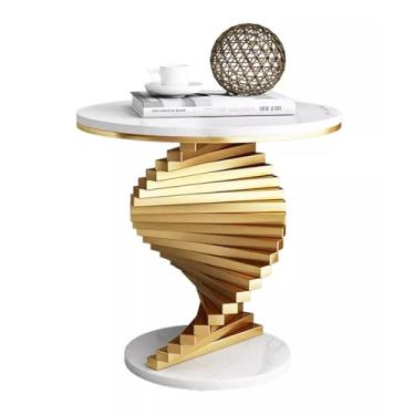 Imagem de Mesa lateral redonda moderna, base de metal abstrata, mesa de canto pequena com topo de pedra para sala de estar, quarto, perfeita para espaços pequenos