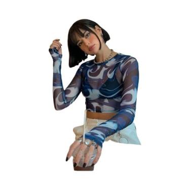 Imagem de Camiseta Feminina De Malha Transparente Com Estampa, Manga Comprida, G