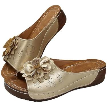 Imagem de RiceelSor Sandálias femininas elegantes de flor ortopédica plataforma casual confortável com bico aberto, com suporte de arco, chinelos de praia boho de verão, Dourado, 42