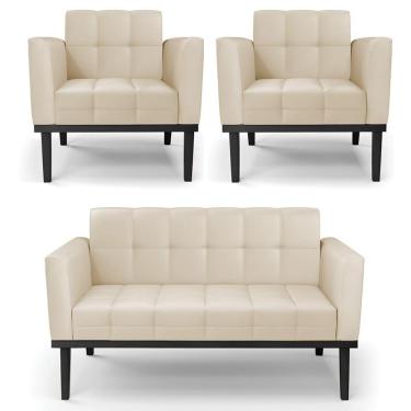 Imagem de Sofá Namoradeira E 2 Poltronas Base Madeira Preto Ana Sintético Bege - Ibiza