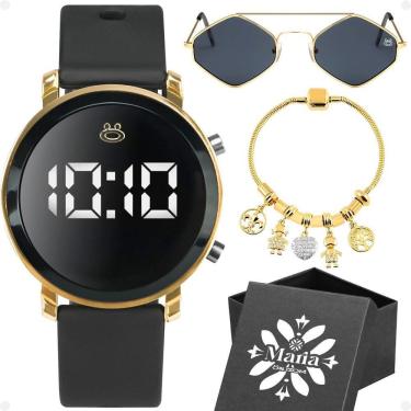 Imagem de Relogio Feminino Digital Oculos Sol Protecao Uv Caixa Casual Original Silicone Preto Moda Losango