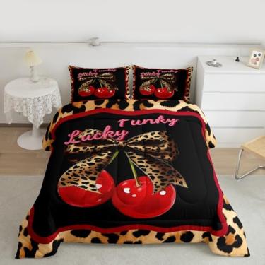 Imagem de Manfei Conjunto de edredom fofo de cereja, estampa de pele de guepardo, quarto de adolescente, chique, leopardo, com 2 fronhas, 3 peças com 2 fronhas, edredom de frutas engraçadas, tamanho Queen