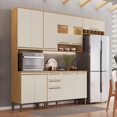 Imagem de Cozinha Compacta Modulada 4 Peças 11 Portas com Vidro e Tampo 266cm 100% Mdf Itália Espresso Móveis Amêndoa/Off White