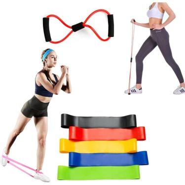 Imagem de Kit Elástico Extensor Para Exercicio E Conjunto 5 Faixa Elastica Thera Band Treino Em Casa Ginastica Fisioterapia