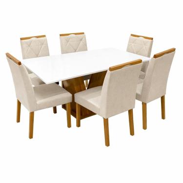 Imagem de Mesa de Jantar Classic 160x80cm com Vidro e 6 Cadeiras California em Veludo Estofadas Cel Móveis Cor Cinamomo Off White com Tecido Bege