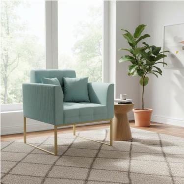 Imagem de Poltrona Sala Decorativa Elisa Base Industrial Dourada Cotelê Ext/Veludo Menta D03 - D'Rossi