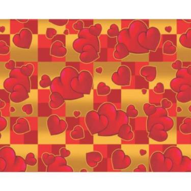 Imagem de Papel Presente Bobina Couché 40CM - Corações VERMELHO/OURO - 100 Metro
