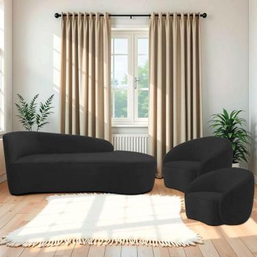 Imagem de Kit Divã Recamier Orgânico França 140cm Lado Direito E 2 Poltronas Amore Bouclé Preto