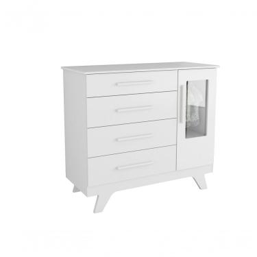 Imagem de Cômoda 1 Porta 4 Gavetas Retrô 100% MDF com Puxador em MDF Branco Brilhante Estilo Vintage