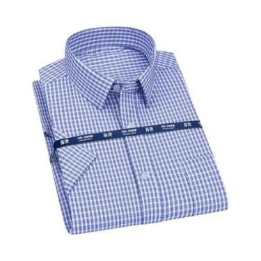Imagem de Camisa Social Masculina De Manga Curta Azul Roxo Xadrez Listrada Cláss