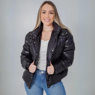 Imagem de Jaqueta Feminina Nylon Bobojaco Puffer Vinil com Capuz Removível Fecho em Botão Gola Al...