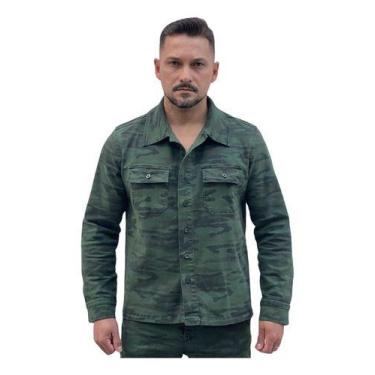 Imagem de Camisa Masculina Sarja Elastano Camuflado Verde - Razon Jeans, G, Verd