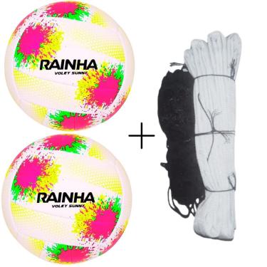 Imagem de Kit de Vôlei Sunny com Toque Macio e Costura Invisível Branco e Preto Rainha com Rede Master Seda 5M e 2 Bolas