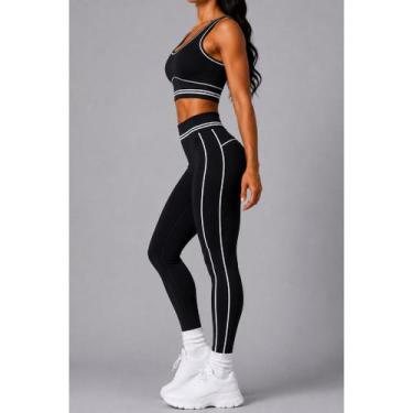 Imagem de Conjunto Fitness Feminino Calça Legging e Cropped Decotado com Listras