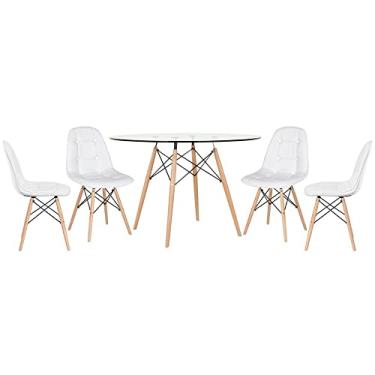 Imagem de Loft7, Mesa Eames com tampo de vidro 120 cm + 4 cadeiras estofadas Eiffel Botonê Branco