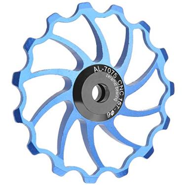 Imagem de Keenso Polia de desviador traseiro de 15T, 2 peças de liga de alumínio + conjunto de polia de desviador de cerâmica, rolo guia traseiro leve para mountain bike, bicicletas de estrada (azul)