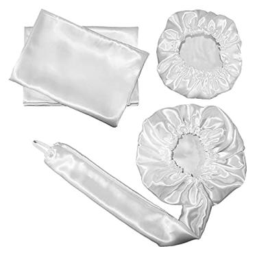 Imagem de Kit Touca Difusora + 1 Touca + 2 Fronhas Cetim Seda Branca